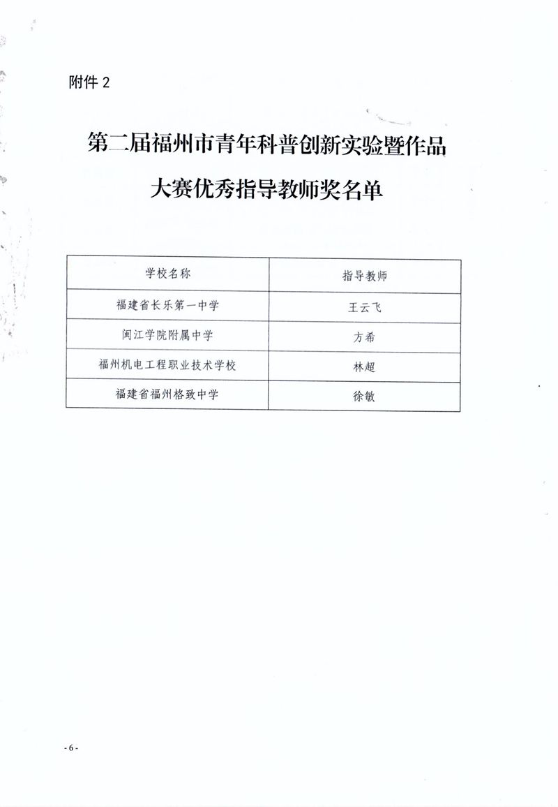 福州市科學(xué)技術(shù)協(xié)會(huì) 福州市教育局 共青團(tuán)福州市委關(guān)于公布第二屆福州市青年科普創(chuàng)新實(shí)驗(yàn)暨作品大賽獲獎(jiǎng)名單的通知 