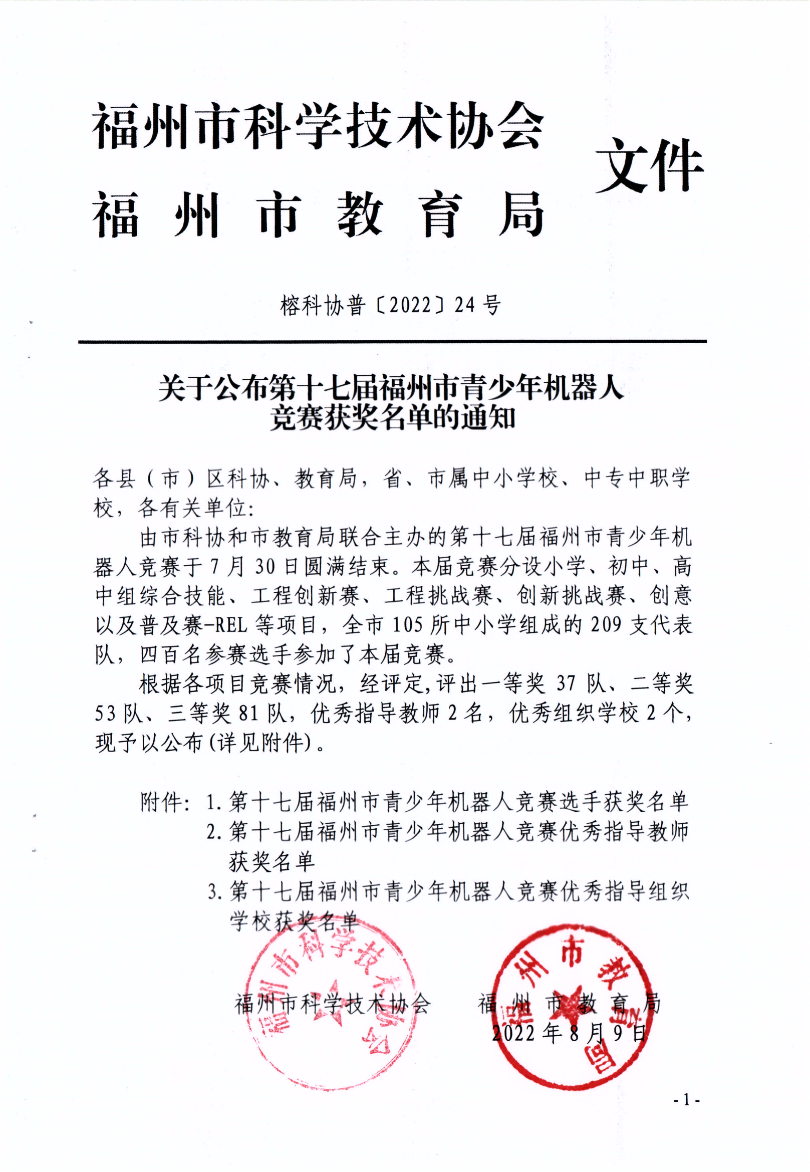 關(guān)于公布第十七屆福州市青少年機器人競賽獲獎名單的通知