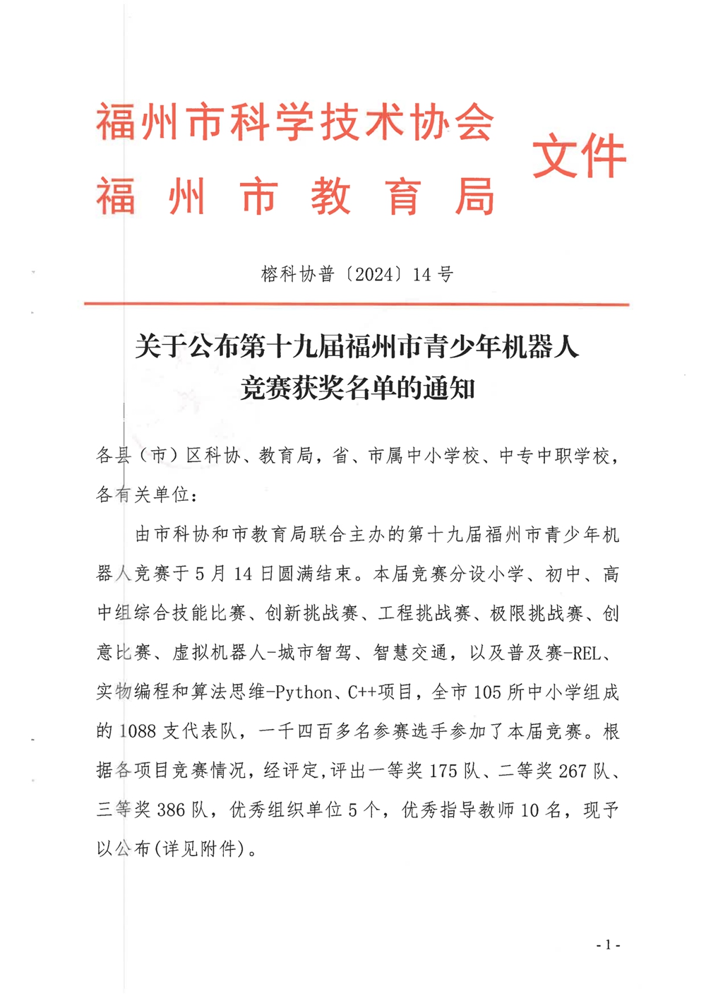 關(guān)于公布第十九屆福州市青少年機(jī)器人競賽獲獎(jiǎng)名單的通知